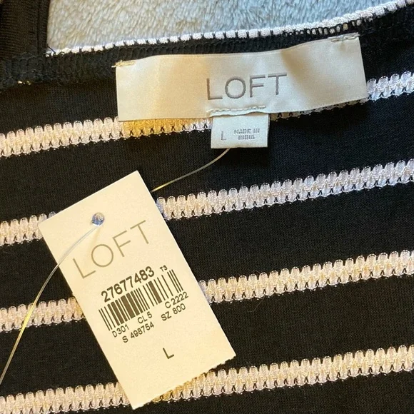 LOFT Black and White Striped Cap Sleeve Tee with Keyhole & Knotted Tie at Back - Picture 3 of 8